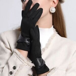 Black Warm Leather Trimmed Suede Gloves